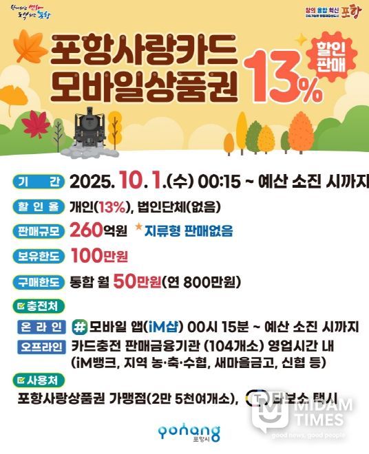 포항사랑상품권 13% 할인 판매