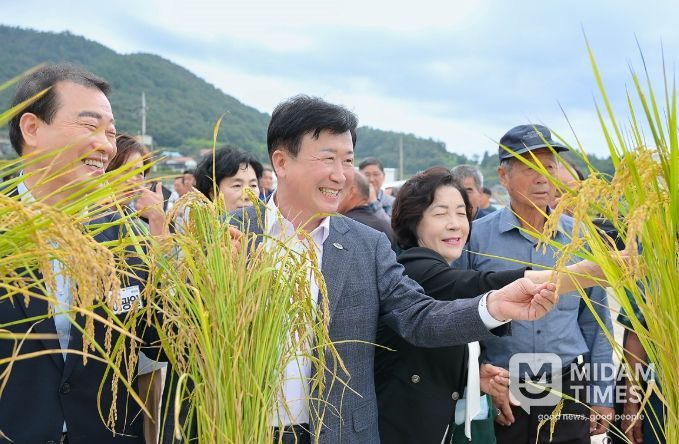 벼 수확을 앞두고 지난 24일 소라면 대곡마을에서 ‘2025년 벼농사 종합평가회’를 열었다.