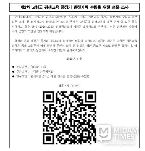 고령군, 제3차 고령군 평생교육 중장기 발전계획 수립을 위한 설문조사 실시