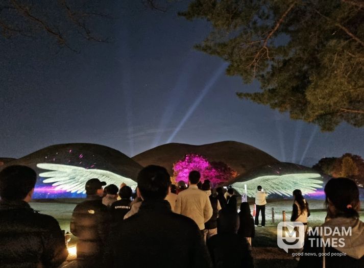 대릉원 일원에서 열린 ‘2025 국가유산 미디어아트 경주 대릉원’ 행사에서 관람객들이 고분에 투사된 미디어아트 영상을 감상하고 있다.