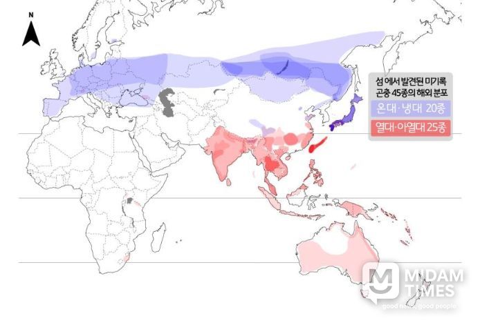 섬에서 발견된 미기록종 곤충의 해외 분포도