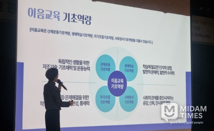 국립공주대 이성희 교수가 29일 울산과학관 빅뱅홀에서 초등학교 교장과 교감들에게 유초 이음교육 연수를 하고있다.