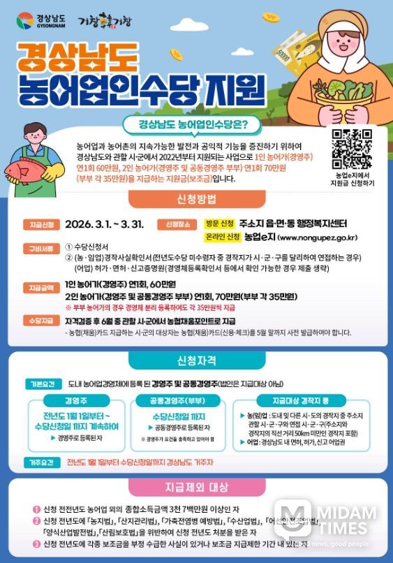 거창군, 2026년 농어업인수당 신청·접수