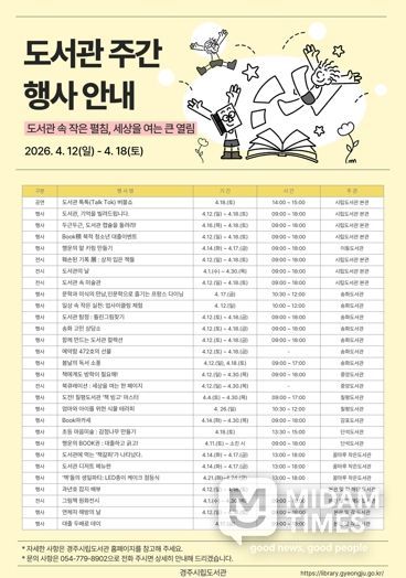 경주시립도서관이 제62회 도서관주간을 맞아 4월 12일부터 18일까지 본관과 분관, 작은도서관 7개관에서 다양한 독서문화행사를 운영한다